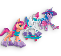 Size: 1191x1102 | Tagged: safe, imported from derpibooru, izzy moonbow, sunny starscout, zipp storm, earth pony, pegasus, pony, unicorn, female, g5, hat, mare, my little pony: a new generation, official, roller skates, simple background, skateboard, sunglaesses, sunglasses, toy, transparent background, twilight sparkle's cutie mark