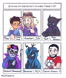 Size: 1722x2048 | Tagged: safe, artist:emaysssssss, imported from derpibooru, queen chrysalis, anthro, cat, changeling, changeling queen, human, six fanarts, anthro with ponies, bust, camp camp, clothes, crossover, cyrillic, eridan ampora, female, football, frown, glasses, homestuck, jojo's bizarre adventure, male, max (camp camp), rooster teeth, russian, side hug, sports, troll, troll (homestuck)