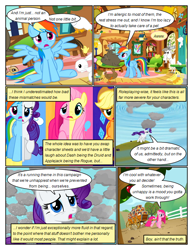 Size: 612x792 | Tagged: safe, edit, edited screencap, imported from derpibooru, screencap, angel bunny, applejack, fluttershy, pinkie pie, rainbow dash, rarity, earth pony, pegasus, pony, rabbit, unicorn, comic:friendship is dragons, magical mystery cure, animal, comic, dialogue, eyelashes, female, fluttershy's cottage, glowing horn, hat, horn, magic, magic aura, mare, open mouth, outdoors, pinkamena diane pie, rain, raised hoof, sad, screencap comic, sitting, snow, swapped cutie marks, sweet apple acres, what my cutie mark is telling me