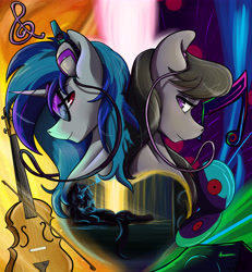 Size: 5995x6482 | Tagged: safe, artist:mixdaponies, imported from derpibooru, dj pon-3, octavia melody, vinyl scratch, earth pony, pony, unicorn, absurd resolution, bow (instrument), cello, cello bow, cuddling, earbuds, female, headphones, lesbian, mare, musical instrument, scratchtavia, shipping, vinyl, vinyl's glasses