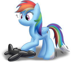 Size: 1626x1427 | Tagged: safe, artist:bladedragoon7575, imported from derpibooru, rainbow dash, pegasus, pony, airplane dash, commission, female, inanimate tf, inflatable, mare, plane, poking, pool toy, question mark, rubber, simple background, solo, transformation, transformation sequence, transparent background