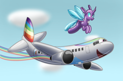 Size: 2286x1499 | Tagged: safe, artist:bladedragoon7575, imported from derpibooru, rainbow dash, oc, oc:cara, changedling, changeling, inflatable pony, original species, pooltoy pony, air nozzle, airplane dash, changedling oc, changeling oc, cloud, commission, duo, flying, happy, inanimate tf, inflatable, open mouth, open smile, plane, planeified, rainbow trail, rubber, sky, smiling, species swap, transformation, transformation sequence, transformed