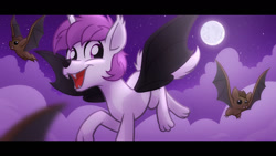 Size: 1280x720 | Tagged: safe, artist:whitequartztheartist, imported from derpibooru, bat, dog, dog pony, bat wings, flying, full moon, moon, night, night sky, sky, solo, wings