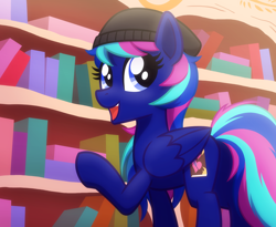 Size: 2500x2048 | Tagged: safe, artist:whitequartztheartist, imported from derpibooru, pegasus, pony, beanie, bookshelf, golden oaks library, hat, high res, solo