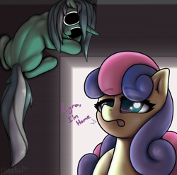 Size: 1398x1383 | Tagged: safe, artist:llametsul, imported from derpibooru, bon bon, lyra heartstrings, sweetie drops, earth pony, pony, unicorn, atg 2021, creepy, cursed image, dialogue, dilated pupils, duo, female, horror, l.u.l.s., mare, newbie artist training grounds, nightmare fuel