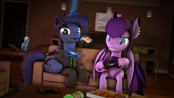 Size: 3840x2160 | Tagged: safe, artist:xppp1n, imported from ponybooru, princess luna, trixie, oc, oc:kylie astra, alicorn, bat pony, unicorn, gamer luna, 3d, bat pony oc, bat wings, clothes, couch, ear piercing, earring, eyeshadow, female, food, glowing horn, holding, hoodie, horn, jewelry, lidded eyes, magic, makeup, mare, mountain dew, open mouth, piercing, pizza, playstation 4, sitting, source filmmaker, telekinesis, unshorn fetlocks, wings