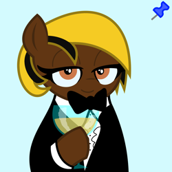 Size: 2048x2048 | Tagged: artist needed, safe, imported from ponybooru, oc, oc only, oc:acres, earth pony, pony, acres avatar, alcohol, base used, blonde, blonde mane, bowtie, brown coat, clothes, female, glass, hoof hold, looking at you, mare, smiling, solo, tuxedo, wine, wine glass