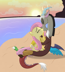 Size: 900x1000 | Tagged: safe, artist:pizza lord, imported from derpibooru, discord, fluttershy, beach, blushing, cloud, discoshy, evening, female, kissing, male, shipping, show accurate, straight, sun, vector