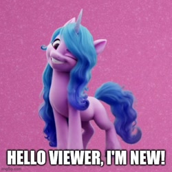 Size: 500x500 | Tagged: safe, artist:thegamerpainter, edit, imported from ponybooru, screencap, izzy moonbow, pony, unicorn, spoiler:my little pony: a new generation, bracelet, cropped, cute, g5, grin, izzybetes, jewelry, looking at you, meme, my little pony: a new generation, one eye closed, smiling, solo, text edit, wink, winking at you