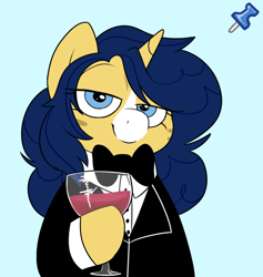 Size: 782x824 | Tagged: safe, artist:2k.bugbytes, imported from ponybooru, oc, oc only, oc:flash reboot, pony, unicorn, acres avatar, alcohol, clothes, female, glass, looking at you, solo, tuxedo, wine, wine glass
