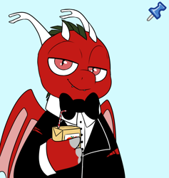 Size: 782x824 | Tagged: safe, artist:2k.bugbytes, imported from ponybooru, oc, oc:dragonfire(havock), dracony, dragon, hybrid, pony, acres avatar, bowtie, claws, clothes, horns, juice, juice box, ripping clothes, solo, tuxedo, wings