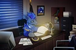 Size: 3000x2000 | Tagged: safe, artist:imadeus, imported from derpibooru, princess luna, oc, oc only, bat pony, pony, bat pony oc, bat wings, chair, clothes, computer, desk, desk lamp, ear fluff, flag, folded wings, high res, indoors, male, military uniform, office, paperwork, solo, stallion, uniform, wings