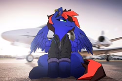 Size: 3000x2000 | Tagged: safe, artist:imadeus, imported from derpibooru, oc, pegasus, ambiguous gender, clothes, ear piercing, high res, jacket, pegasus oc, piercing, plane, sitting, wings