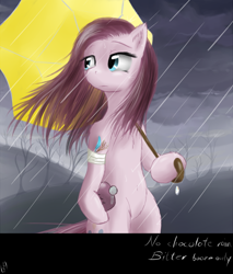 Size: 760x890 | Tagged: artist needed, safe, artist:snus-kun, imported from derpibooru, pinkie pie, earth pony, pony, semi-anthro, 2016, bandage, bipedal, bottle, female, looking back, mare, pinkamena diane pie, rain, solo, straight hair, umbrella