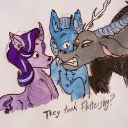 Size: 1080x1080 | Tagged: safe, imported from derpibooru, discord, starlight glimmer, trixie, draconequus, pony, to where and back again, angry, clenched teeth, drawing, gritted teeth, implied fluttershy, question, scene interpretation, traditional art, trio