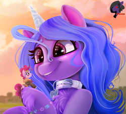 Size: 1320x1200 | Tagged: safe, artist:brainiac, imported from derpibooru, izzy moonbow, pinkie pie, pony, unicorn, bracelet, chest fluff, collar, cute, digital painting, female, figurine, g5, happy, izzybetes, jewelry, link in description, mare, smiling, solo, time-lapse included, timelapse, toy