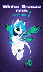Size: 3770x6253 | Tagged: safe, artist:xn-d, imported from derpibooru, oc, oc only, oc:winter breeze, original species, pony, ponymorph, robot, robot pony, :p, abstract background, absurd resolution, butterfly wings, eye clipping through hair, female, flying, reference sheet, solo, solo female, text, tongue out, wings