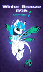 Size: 3770x6253 | Tagged: safe, alternate version, artist:xn-d, imported from derpibooru, oc, oc only, oc:winter breeze, original species, pony, ponymorph, robot, robot pony, :p, abstract background, absurd resolution, butterfly wings, clothes, eye clipping through hair, female, flying, reference sheet, scarf, solo, solo female, text, tongue out, wings