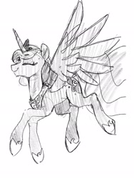 Size: 1536x2048 | Tagged: safe, artist:dimfann, imported from derpibooru, princess luna, alicorn, pony, eyes closed, female, grayscale, mare, monochrome, simple background, sketch, smiling, solo, spread wings, white background, wings