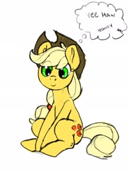 Size: 1536x2048 | Tagged: safe, artist:dimfann, imported from derpibooru, applejack, earth pony, pony, cute, jackabetes, sitting, sketch, smiling, solo, thought bubble