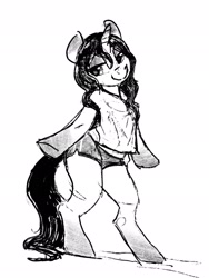 Size: 1536x2048 | Tagged: safe, artist:dimfann, imported from derpibooru, oc, oc only, oc:sylvine, pony, unicorn, bipedal, clothes, lidded eyes, looking at you, shirt, shorts, sketch, smiling, solo