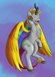 Size: 2480x3508 | Tagged: safe, artist:reminic, imported from derpibooru, oc, hybrid, original species, pegasus, unicorn, colored wings, commission, dragon tail, high res, kirin hybrid, multicolored wings, rainbow wings, solo, wings