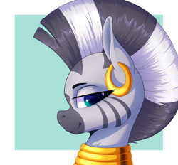 Size: 2400x2224 | Tagged: safe, artist:aquaticvibes, imported from derpibooru, zecora, pony, zebra, abstract background, ear piercing, earring, female, high res, jewelry, lidded eyes, mare, neck rings, piercing, quadrupedal, smiling, smirk, solo