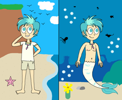 Size: 1656x1360 | Tagged: safe, artist:ocean lover, imported from derpibooru, terramar, bird, fish, human, merboy, mermaid, merman, octopus, starfish, belly button, bubble, chest, clothes, cute, duality, fins, fish tail, flower, hill, humanized, jewelry, male, mermaidized, necklace, ocean, pearl necklace, rock, sand, seaweed, shirt, shorts, species swap, stingray, t-shirt, underwater