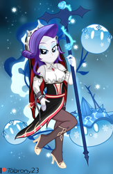 Size: 1303x2003 | Tagged: safe, artist:tabrony23, imported from derpibooru, rarity, equestria girls, beautiful, boots, breasts, busty rarity, cape, clothes, cosplay, costume, crown, cute, female, genshin impact, gloves, high res, jewelry, looking at you, patreon, patreon logo, regalia, rosaria (genshin impact), shoes, short hair, show accurate, slimes (genshin impact), snow, snowflake, socks, solo, spear, thigh highs, weapon