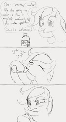 Size: 692x1280 | Tagged: safe, artist:dotkwa, imported from derpibooru, oc, oc only, earth pony, pony, comic, deception, dialogue, disgusted, drink, drinking, female, grayscale, hoof hold, mare, monochrome, onomatopoeia, open mouth, scrunchy face, solo, sound effects, sparkling water, water bottle