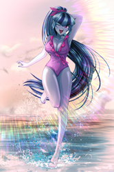 Size: 3219x4852 | Tagged: safe, artist:rileyav, imported from derpibooru, sonata dusk, equestria girls, absurd resolution, adorasexy, arm behind head, armpits, barefoot, beach, beach babe, beautiful, big breasts, blushing, breasts, busty sonata dusk, cleavage, clothes, commission, cute, cute little fangs, eyebrows, eyebrows visible through hair, eyelashes, eyeshadow, fangs, feet, female, high res, legs, long hair, makeup, nail polish, ocean, one eye closed, one-piece swimsuit, open mouth, open smile, ponytail, running, sexy, smiling, solo, sonatabetes, stupid sexy sonata dusk, summer, swimsuit, thick, thighs, toenail polish, water, wink