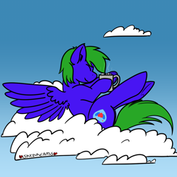 Size: 1000x1000 | Tagged: safe, artist:skydreams, imported from derpibooru, oc, oc only, oc:aqua grass, pegasus, pony, chocolate, cloud, female, food, hot chocolate, mare, marshmallow, on a cloud, patreon, patreon reward, simple background