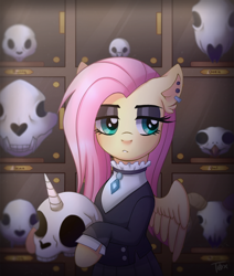 Size: 1000x1180 | Tagged: safe, artist:toxiccolour, imported from derpibooru, fluttershy, pegasus, pony, choker, clothes, collection, dress, ear piercing, earring, eyeshadow, female, fluttergoth, jewelry, lidded eyes, looking away, makeup, mare, piercing, skull, solo