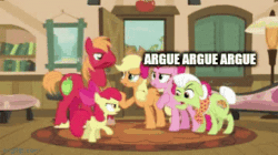 Size: 360x202 | Tagged: safe, edit, edited screencap, imported from derpibooru, screencap, apple bloom, applejack, big macintosh, granny smith, pinkie pie, earth pony, pony, pinkie apple pie, animated, apple, apple family, colored hooves, food, freckles, gif, horse collar, mouth hold, quill, text, unshorn fetlocks
