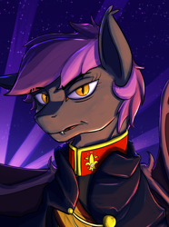 Size: 1560x2100 | Tagged: safe, artist:tofuslied-, imported from derpibooru, bat pony, pony, equestria at war mod, bust, cape, clothes, eye lashes, fangs, looking at you, portrait, solo, thestral, uniform, yellow eyes