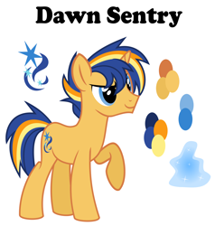 Size: 2388x2511 | Tagged: safe, artist:sunsetsparkle129, imported from derpibooru, oc, oc only, oc:dawn sentry, pony, unicorn, high res, male, offspring, parent:flash sentry, parent:twilight sparkle, parents:flashlight, reference sheet, simple background, solo, stallion, white background
