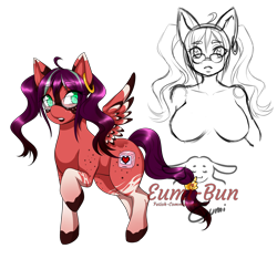 Size: 1600x1500 | Tagged: safe, artist:eumi-bun, imported from derpibooru, oc, oc only, oc:cloveragate, anthro, pegasus, pony, anthro with ponies, breasts, duo, featureless breasts, female, furry, glasses, mare, pegasus oc, raised hoof, simple background, transparent background, wings