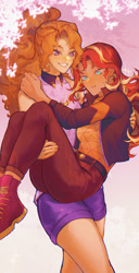 Size: 1093x2128 | Tagged: safe, artist:stummm, imported from derpibooru, adagio dazzle, sunset shimmer, equestria girls, bridal carry, carrying, clothes, female, geode of empathy, jacket, lesbian, magical geodes, pants, shipping, shorts, smiling, sunsagio, thighs, tree