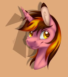 Size: 1404x1582 | Tagged: safe, artist:eperyton, imported from derpibooru, oc, oc only, pony, unicorn, brown background, bust, horn, male, simple background, smiling, solo, stallion, unicorn oc