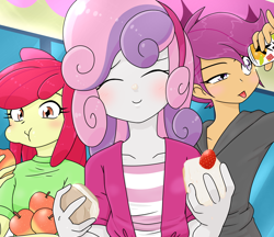 Size: 1480x1280 | Tagged: safe, artist:batipin, imported from derpibooru, apple bloom, scootaloo, sweetie belle, equestria girls, apple, cake, cutie mark crusaders, eating, eyes closed, female, food, soda, trio