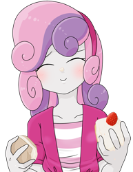 Size: 987x1280 | Tagged: safe, alternate version, artist:batipin, imported from derpibooru, sweetie belle, equestria girls, blushing, cake, cute, diasweetes, eating, eyes closed, female, food, simple background, solo, transparent background