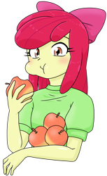 Size: 784x1280 | Tagged: safe, alternate version, artist:batipin, imported from derpibooru, apple bloom, equestria girls, adorabloom, apple, blushing, cake, cute, eating, eyes closed, female, food, simple background, solo, transparent background