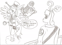 Size: 2338x1700 | Tagged: safe, artist:witkacy1994, imported from derpibooru, big macintosh, caramel, alicorn, anthro, earth pony, alicornified, bigmacicorn, clothes, dialogue, gun, heavy weapons guy, lineart, monochrome, princess big mac, race swap, simple background, soldier, team fortress 2, traditional art, weapon, white background