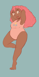 Size: 2048x4048 | Tagged: safe, artist:scribleydoodles, imported from derpibooru, pinkie pie, human, alternate hairstyle, armpits, barefoot, blue background, breasts, chubbie pie, chubby, clothes, cute, dark skin, diapinkes, fat, feet, female, humanized, open mouth, pudgy pie, simple background, solo, summer, swimsuit