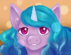 Size: 4000x3100 | Tagged: safe, artist:axidemythe, imported from derpibooru, izzy moonbow, pony, unicorn, abstract background, bust, cute, female, g5, high res, izzybetes, looking at you, mare, portrait, solo