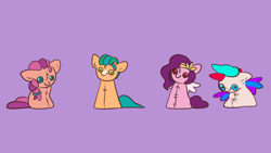 Size: 1224x689 | Tagged: safe, artist:axollady, artist:axollungz, imported from derpibooru, hitch trailblazer, izzy moonbow, pipp petals, sunny starscout, button eyes, doll, g5, purple background, simple background, toy