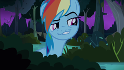 Size: 1280x720 | Tagged: safe, imported from derpibooru, screencap, rainbow dash, pegasus, pony, daring don't, season 4, faic, female, jungle, mare, night, out of context, rainbow dash is best facemaker, smiling, smirk, smug, smugdash, solo, teeth, tree