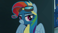 Size: 1280x720 | Tagged: safe, imported from derpibooru, screencap, rainbow dash, pegasus, pony, newbie dash, season 6, alternate hairstyle, clothes, female, goggles, looking at you, mare, smiling, smiling at you, solo, uniform, wonderbolts uniform