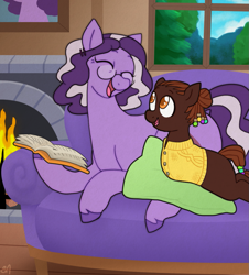 Size: 1023x1133 | Tagged: safe, artist:greenarsonist, imported from derpibooru, oc, oc only, oc:lavender atlas, oc:sunflower folio, earth pony, pony, book, bust, clothes, disability, disabled, earth pony oc, female, fire, fireplace, glasses, male, pillow, portrait, reading, smiling, sweater, trans male, transgender, window, younger