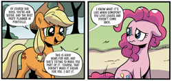 Size: 1192x564 | Tagged: safe, artist:robin easter, idw, imported from derpibooru, applejack, pinkie pie, earth pony, pony, spoiler:comic, spoiler:comic99, applejack's hat, cowboy hat, floppy ears, hat, implied applejack's parents, implied death, wavy mouth